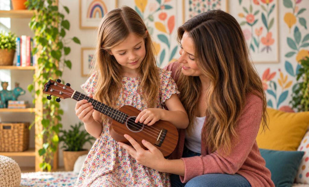 Mutter zeigt einem Mädchen das Ukulele-Spielen in einer farbenfrohen, gemütlichen Wohnung