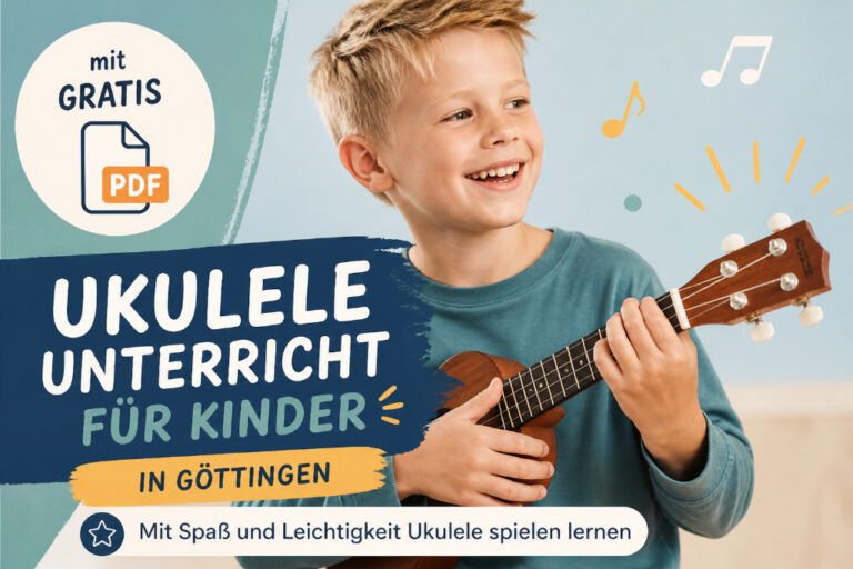 Fröhliches Kind spielt Ukulele – Werbung für Ukulele Unterricht für Kinder in Göttingen mit Hinweis auf kostenloses PDF und spielerisches Lernen