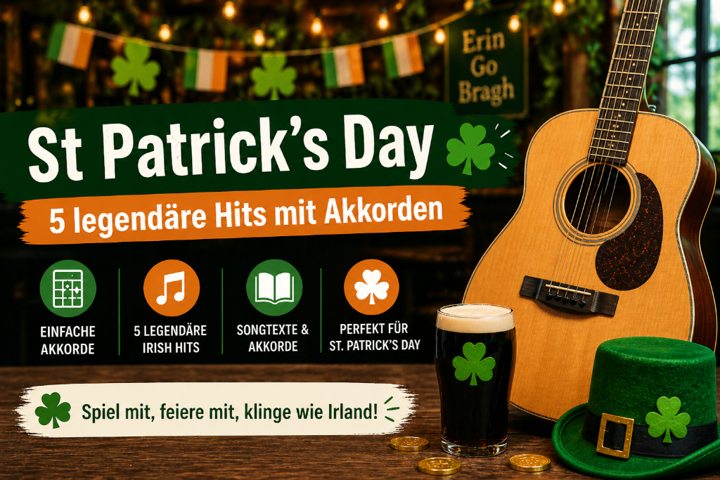 Akustikgitarre in festlich dekoriertem Irish Pub zum St. Patrick’s Day – Banner für 5 legendäre Irish Hits mit Akkorden zum Mitspielen