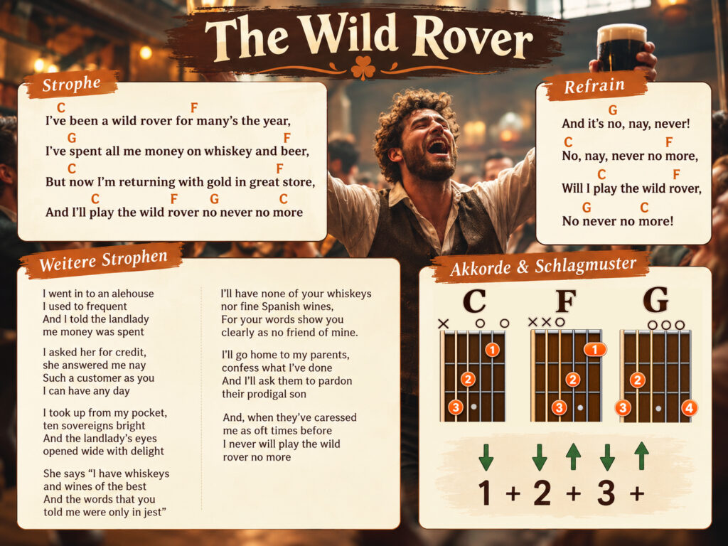 The Wild Rover Text, Akkorde und Schlagmuster