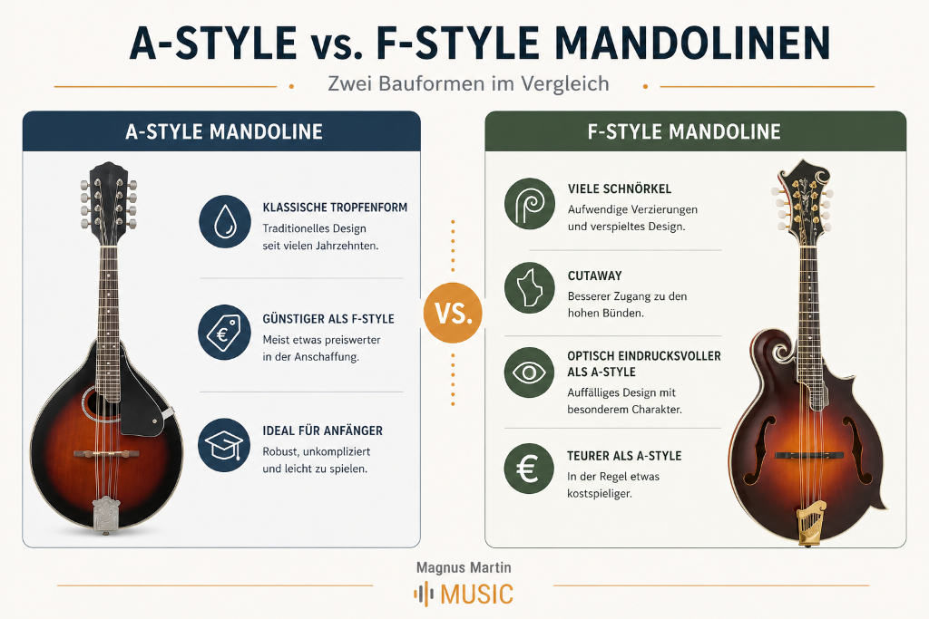 Infografik zum Vergleich von A-Style und F-Style Mandolinen mit Darstellung von Form, Preisunterschied und optischen Merkmalen beider Bauarten