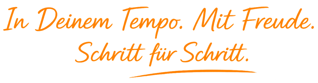 Schriftzug für Mandolinenunterricht: In Deinem Tempo. Mit Freude. Schritt für Schritt.