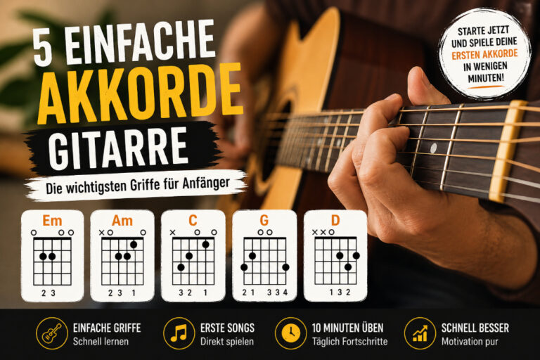 Einfache Akkorde Gitarre: 5 Akkorde für Anfänger (Em, Am, C, G, D) mit Griffbildern auf der Gitarre