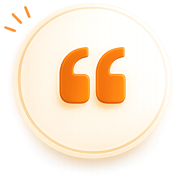Hochwertiges Quote-Icon mit orangenen Anführungszeichen und softem Glow für Testimonials und Bewertungen