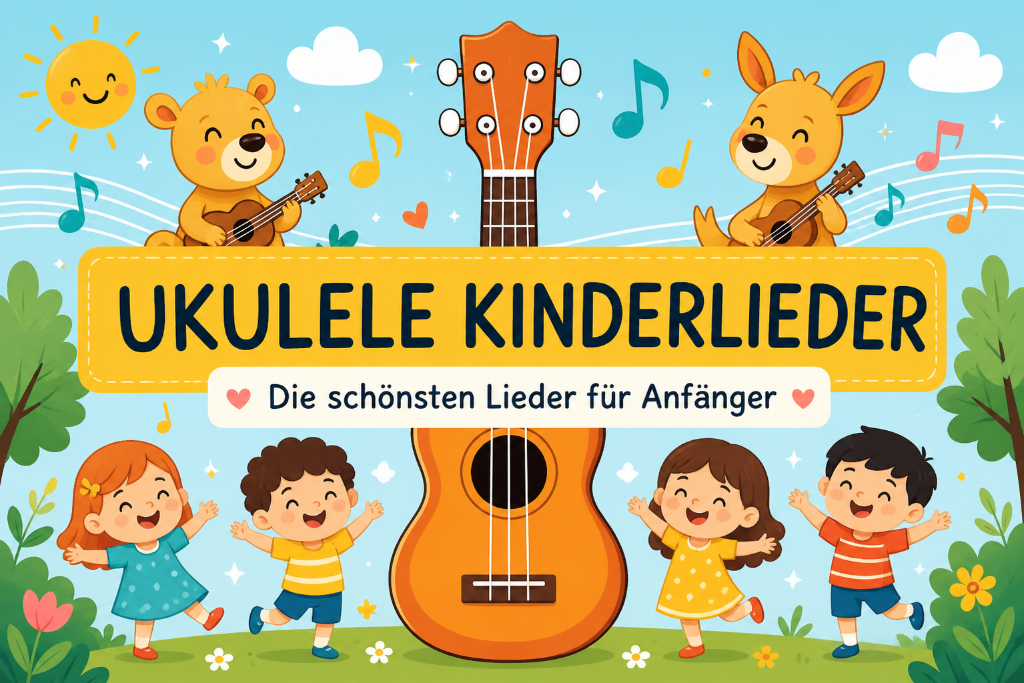 Fröhliche Illustration mit Ukulele, Kindern und Tieren – Kinderlieder für Anfänger auf der Ukulele