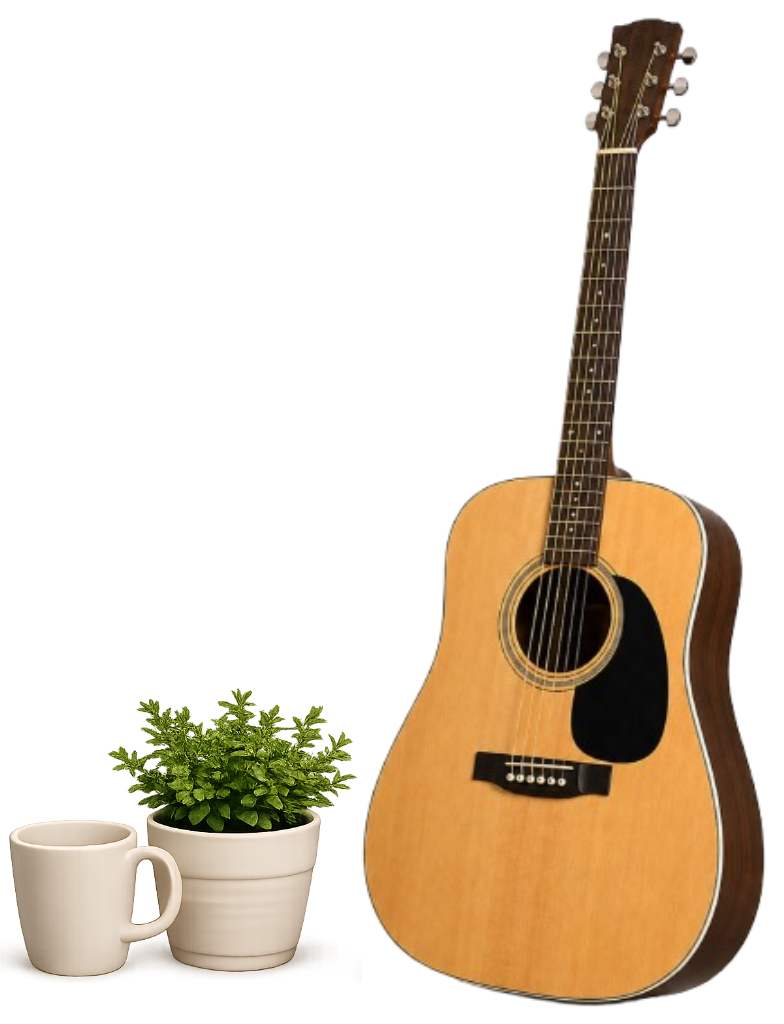 Akustikgitarre mit Kaffeetasse und grüner Pflanze auf transparentem Hintergrund – warme und gemütliche Atmosphäre für Gitarrenunterricht und Musiklernen.