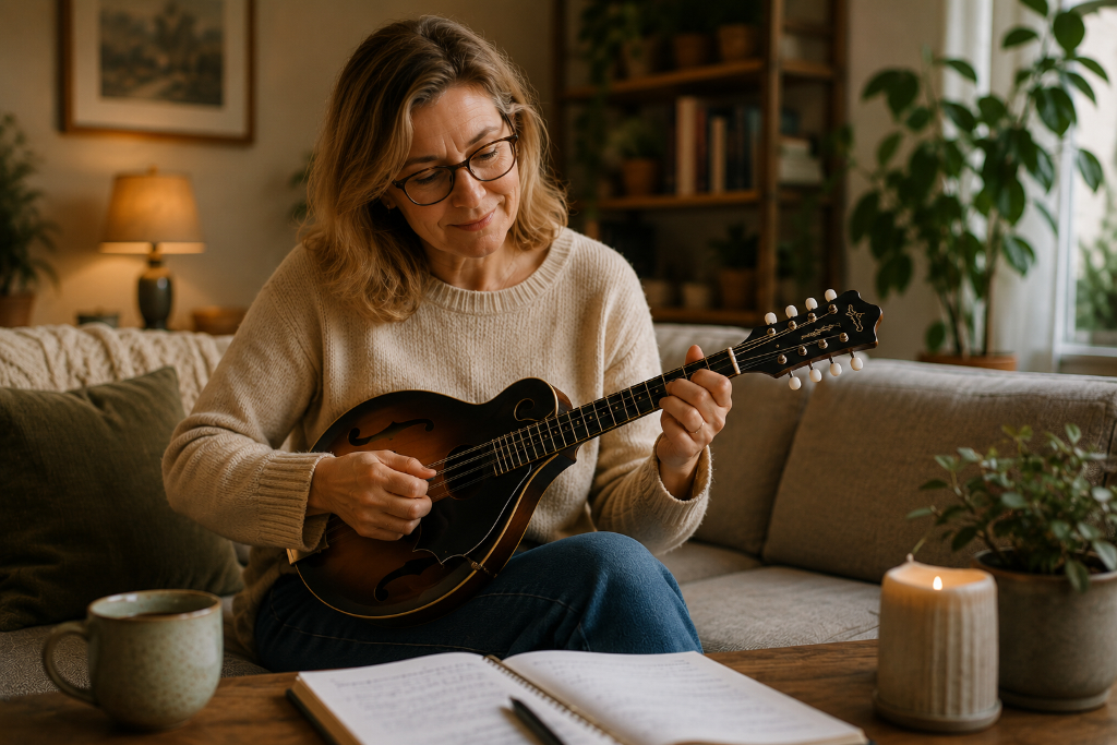 Erwachsene Frau spielt entspannt Mandoline zuhause in gemütlicher Wohnzimmeratmosphäre.
