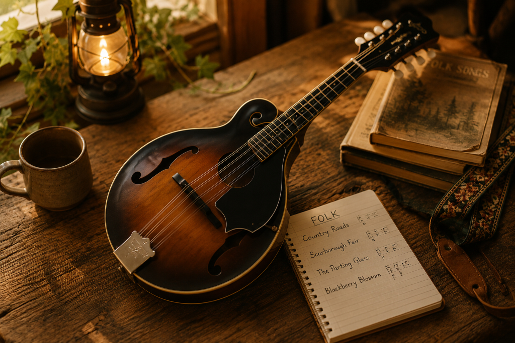 Mandoline im warmen Folk- und Akustikstil auf rustikalem Holztisch mit Notizbuch, Laterne und gemütlicher Atmosphäre.