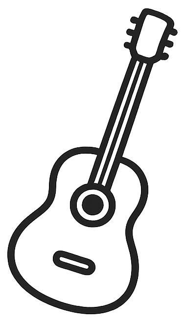 Minimalistisches Gitarren-Icon als schwarze Liniengrafik mit transparentem Hintergrund.