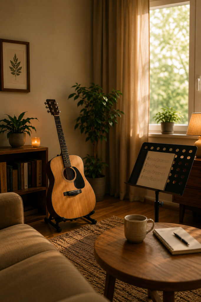 Gemütliche Lernatmosphäre für Gitarrenunterricht für Senioren mit Akustikgitarre, Notenständer und entspanntem Musikunterricht zuhause.