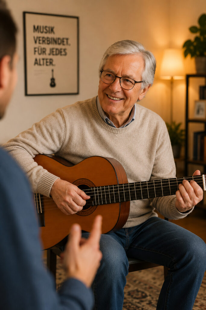 Senior lernt entspannt Gitarre spielen im persönlichen Gitarrenunterricht für Senioren in Göttingen