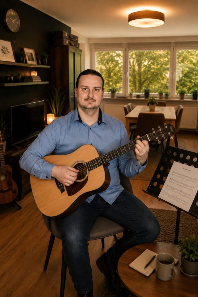 Gitarrenlehrer Magnus Martin im gemütlichen Unterrichtsraum in Göttingen-Nikolausberg