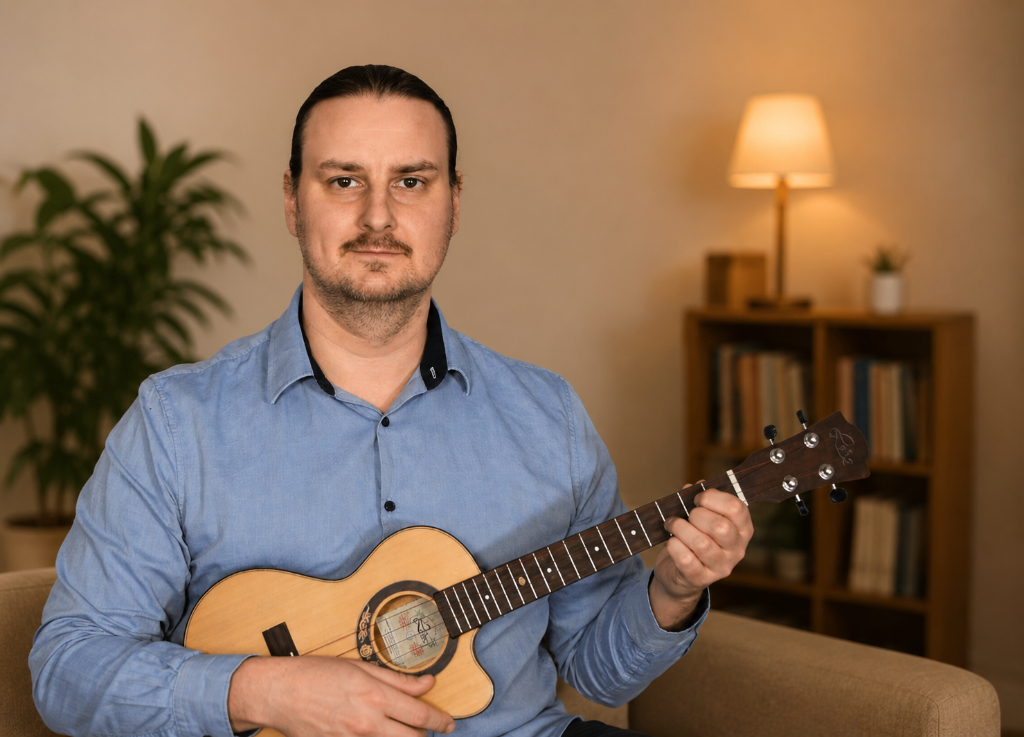 Magnus Martin beim persönlichen Online-Ukuleleunterricht in gemütlicher Atmosphäre