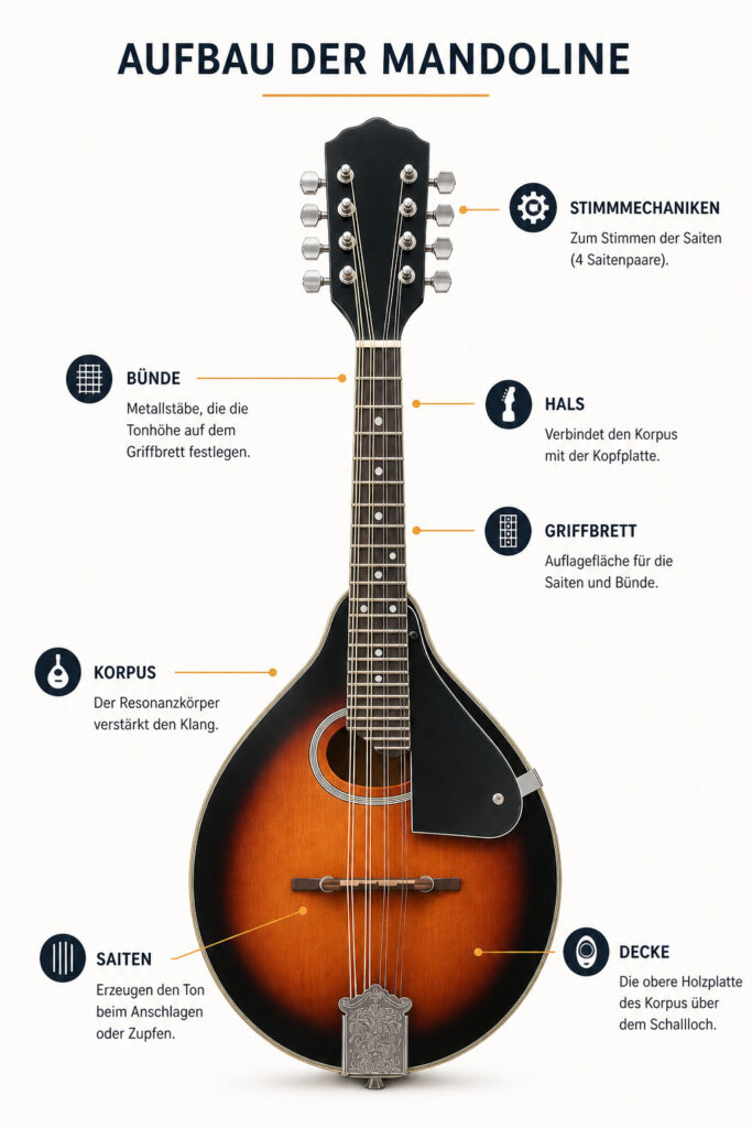 Moderne Infografik zum Aufbau einer Mandoline mit Beschriftungen von Stimmmechaniken, Bünden, Hals, Griffbrett, Korpus, Saiten und Decke