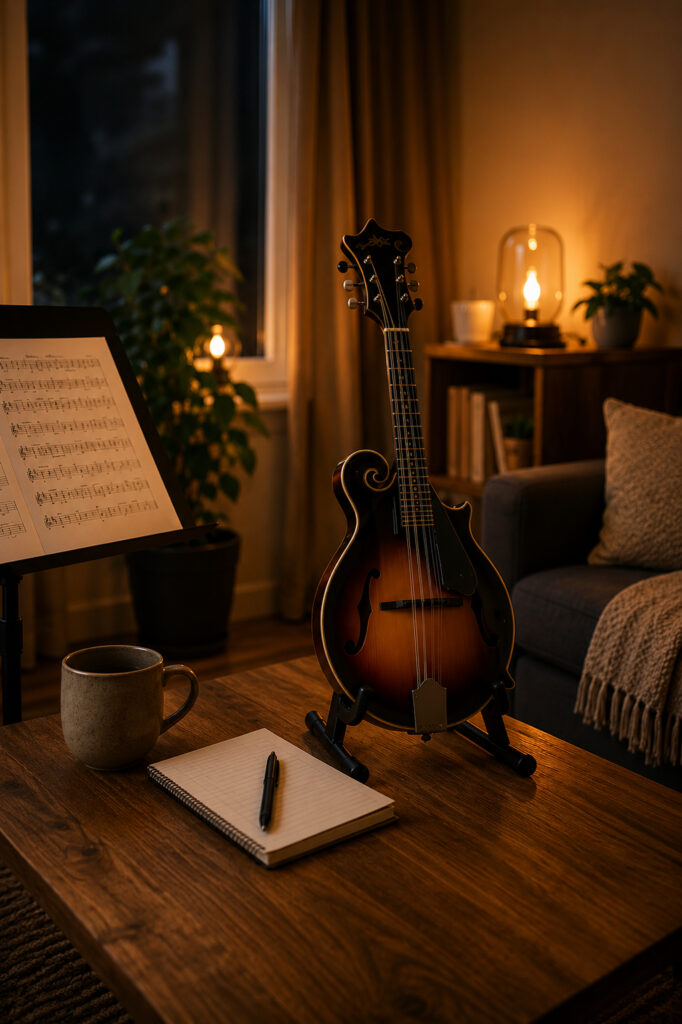 Mandoline auf einem Tisch neben Notenständer, Notizbuch und Kaffeetasse in gemütlicher Wohnzimmeratmosphäre bei warmem Licht.