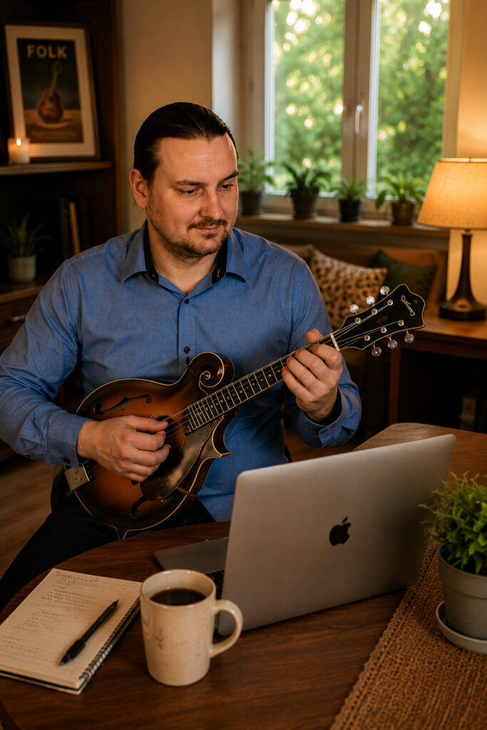 „Mandolinenlehrer spielt Mandoline in einem gemütlichen Wohnzimmer während eines persönlichen Online-Unterrichts mit Laptop.“