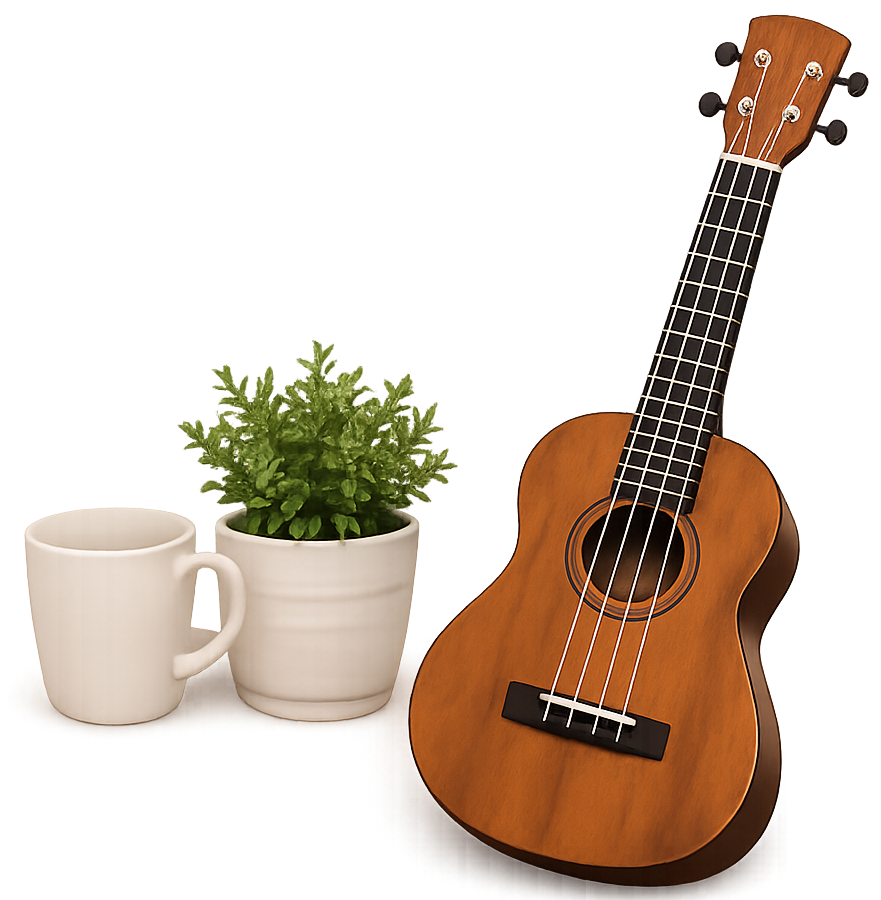 Ukulele mit Kaffeetasse und kleiner Pflanze auf transparentem Hintergrund