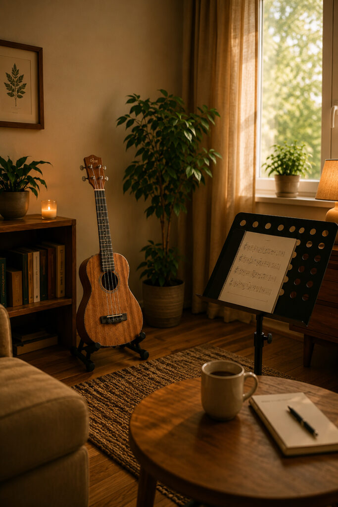 Gemütlicher Ukulele-Lernplatz zuhause mit Ukulele auf Ständer, Notenständer und warmer Wohnzimmeratmosphäre.