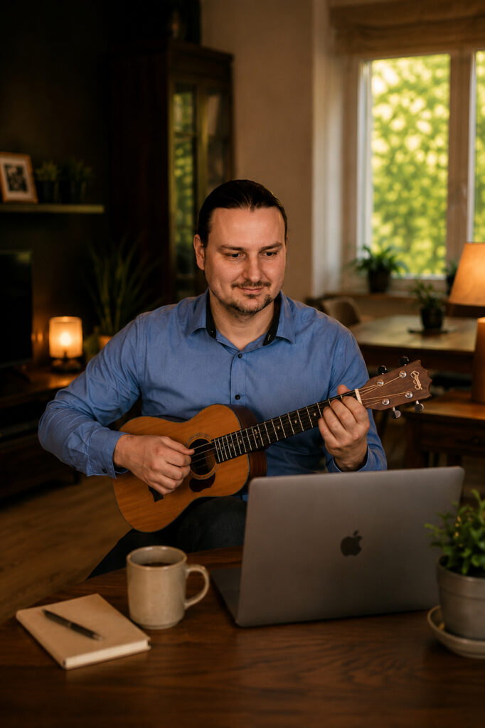 Musiklehrer spielt Ukulele zuhause vor einem Laptop in gemütlicher Wohnzimmeratmosphäre während einer Online-Unterrichtsstunde.