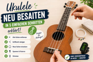 Ukulele Saiten wechseln Anleitung für Anfänger mit Schritt-für-Schritt-Erklärung und Händen beim Aufziehen neuer Saiten