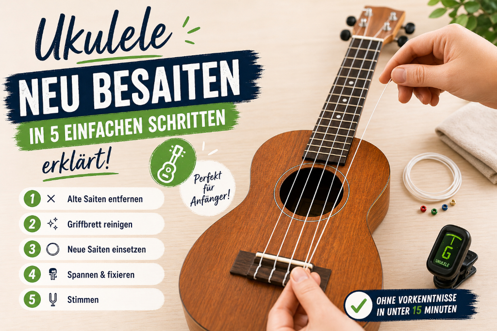 Ukulele Saiten wechseln Anleitung für Anfänger mit Schritt-für-Schritt-Erklärung und Händen beim Aufziehen neuer Saiten