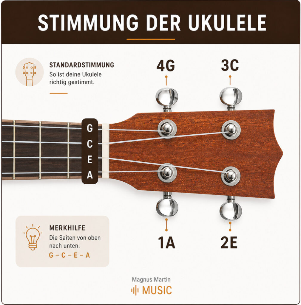 Moderne Infografik zur Ukulele Stimmung mit Kopfplatte und Saiten G C E A sowie beschrifteten Stimmmechaniken in warmem Braun-Design
