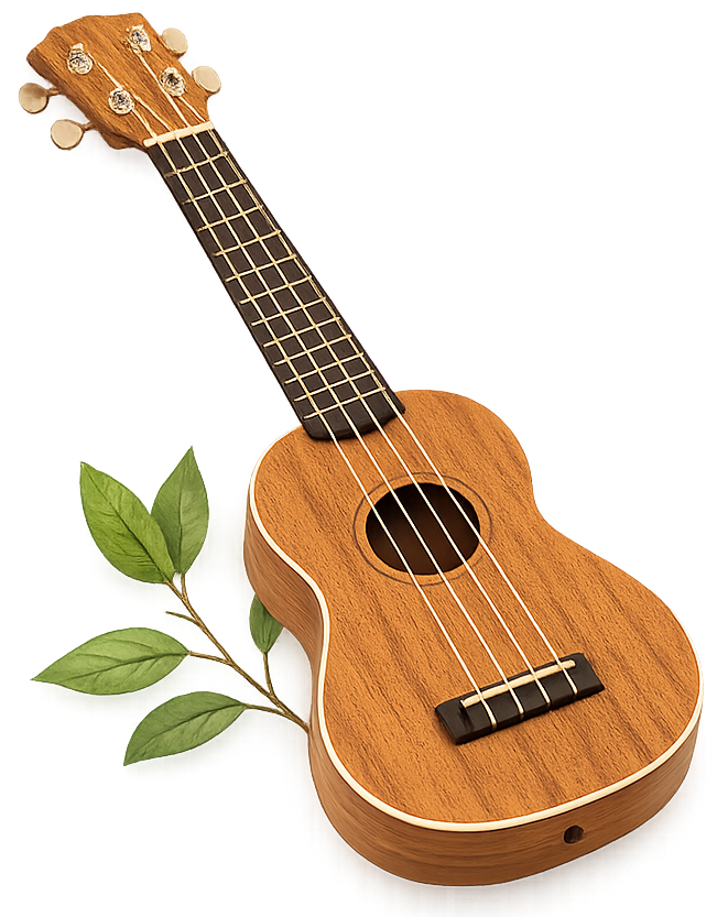 Freigestellte Ukulele aus hellem Holz mit transparentem Hintergrund