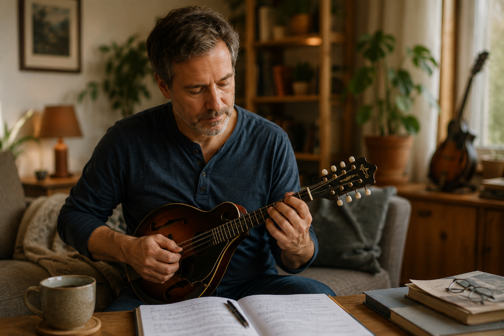 Erwachsener Mandolinenspieler übt zuhause konzentriert und entspannt nach längerer Pause wieder Musik.