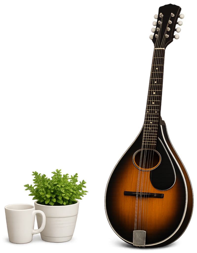 Mandoline mit Kaffeetasse und kleiner Pflanze auf transparentem Hintergrund