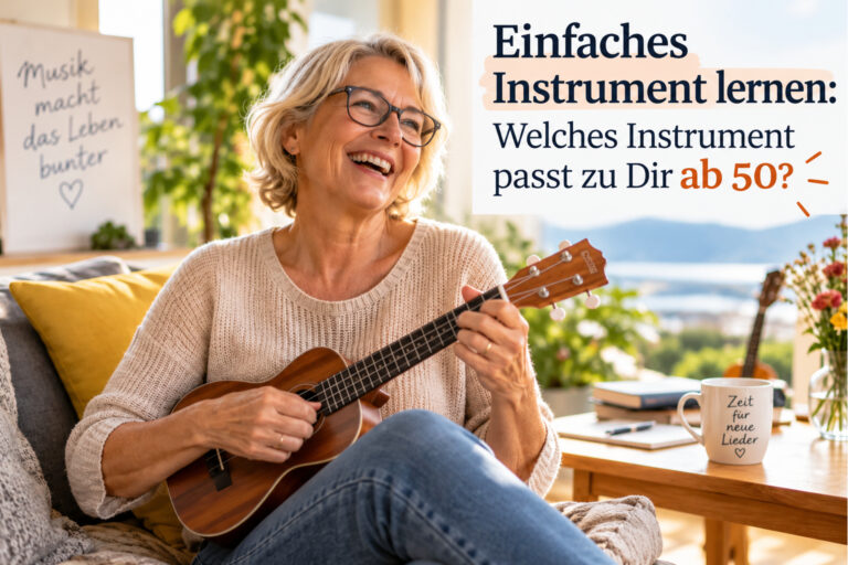 Einfaches Instrument lernen: Ältere Frau spielt entspannt Ukulele im Wohnzimmer – ein einfaches Instrument für Erwachsene ab 50