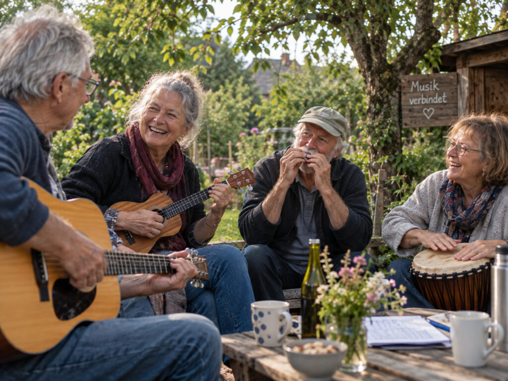Einfaches Instrument lernen: Mehrere Senioren musizieren gemeinsam im Grünen mit Ukulele, Gitarre, Mundharmonika und Trommel