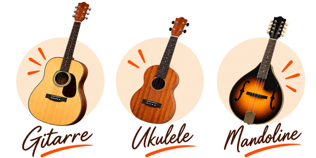 Gitarre, Ukulele und Mandoline zum Spielenlernen