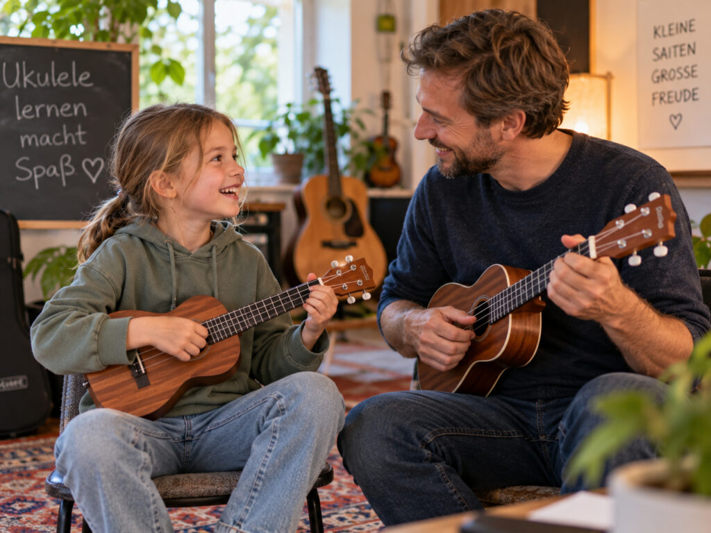 Kind spielt Ukulele bei einer entspannten Probestunde mit einem Musiklehrer